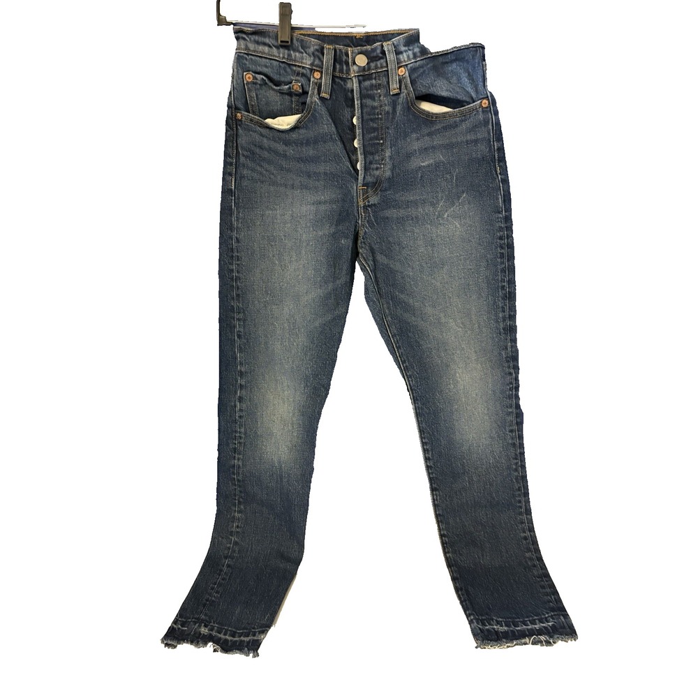 LEVI'S Premium 501 90s Jeans Big E Blue Denim Button Fly Size 26x28 Raw Hem